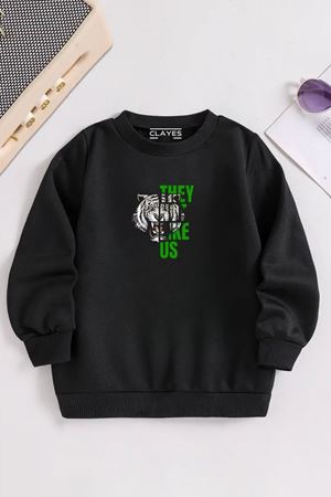 Çocuk Siyah Bisiklet Yaka THEY LİKE KAPLAN Baskılı, Kışlık Kalın Şardonlu Kumaş