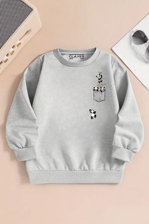 Çocuk Gri Bisiklet Yaka Sweatshirt – PANDA CEP Baskılı, Şardonlu Kalın Kumaş