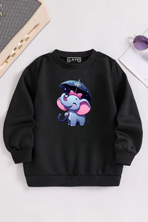 Çocuk Siyah Bisiklet Yaka FİL Baskılı, Kışlık Kalın Şardonlu Kumaş