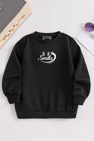 Çocuk Siyah Bisiklet Yaka SMİLE Baskılı, Kışlık Kalın Şardonlu Kumaş