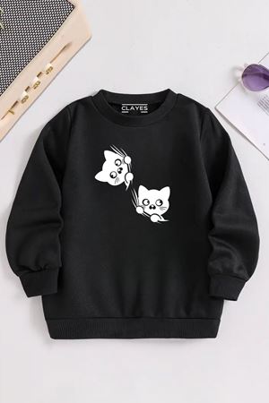 Çocuk Siyah Bisiklet Yaka 2Lİ KEDİ Baskılı, Kışlık Kalın Şardonlu Kumaş