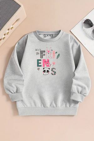 Çocuk Gri Bisiklet Yaka Sweatshirt – FRİENDS Baskılı, Şardonlu Kalın Kumaş
