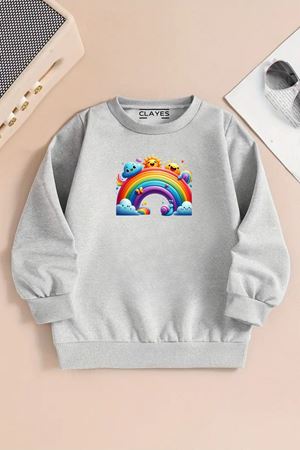 Çocuk Gri Bisiklet Yaka Sweatshirt – GÖKKUŞAĞI Baskılı, Şardonlu Kalın Kumaş