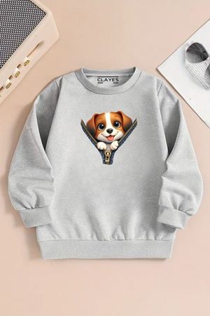 Çocuk Gri Bisiklet Yaka Sweatshirt – FERMUAR KÖPEK Baskılı, Şardonlu Kalın Kumaş