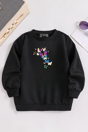 Çocuk Siyah Bisiklet Yaka KELEBEKLER Baskılı, Kışlık Kalın Şardonlu Kumaş