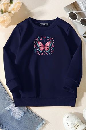 Unisex Lacivert Cocuk Bisiklet Yaka Sweatshirt –Kelebekler,Baskılı Şardonlu Kalın Kumaş