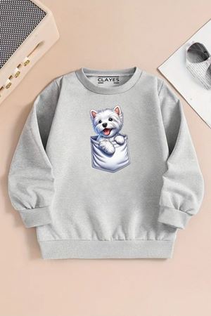 Çocuk Gri Bisiklet Yaka Sweatshirt – CEP KÖPEK Baskılı, Şardonlu Kalın Kumaş