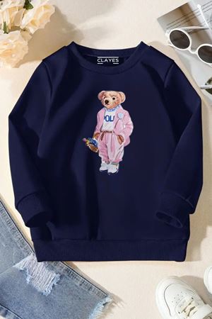 Unisex Lacivert Cocuk Bisiklet Yaka Sweatshirt –Fare,Baskılı Şardonlu Kalın Kumaş