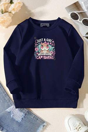 Unisex Lacivert Cocuk Bisiklet Yaka Sweatshirt –Just Gırl,Baskılı Şardonlu Kalın Kumaş