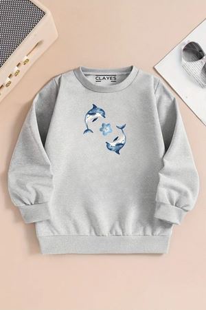 Çocuk Gri Bisiklet Yaka Sweatshirt – 2 Lİ YUNUS BALIĞI Baskılı, Şardonlu Kalın Kumaş