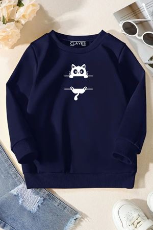 Unisex Lacivert Cocuk Bisiklet Yaka Sweatshirt –Çizgi Kedi,Baskılı Şardonlu Kalın Kumaş