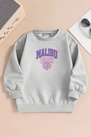 Çocuk Gri Bisiklet Yaka Sweatshirt – MALİBU BEACH Baskılı, Şardonlu Kalın Kumaş
