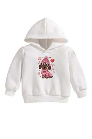 Çocuk Beyaz Kapüşonlu Sweatshirt – KOPEK KALP Baskılı, Şardonlu Kalın Kumaş