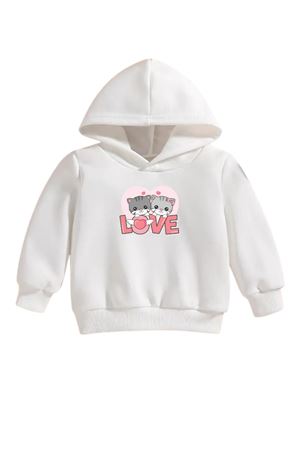 Çocuk Beyaz Kapüşonlu Sweatshirt – 2LI KEDI LOVE Baskılı, Şardonlu Kalın Kumaş