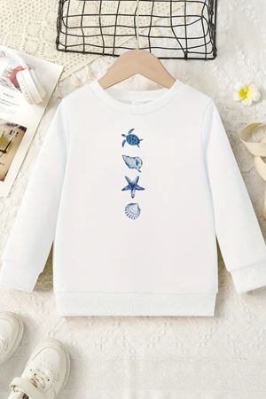 Unisex Beyaz Cocuk Bisiklet Yaka Sweatshirt –Deniz Figürlü ,Baskılı Şardonlu Kalın Kumaş