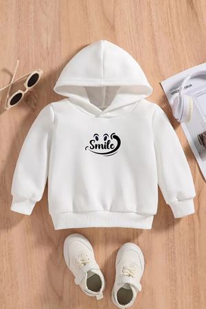 Çocuk Beyaz Kapüşonlu Sweatshirt – SMILE Baskılı, Şardonlu Kalın Kumaş