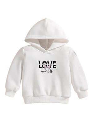 Çocuk Beyaz Kapüşonlu Sweatshirt – LOVE YOURSELF Baskılı, Şardonlu Kalın Kumaş