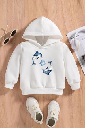 Çocuk Beyaz Kapüşonlu Sweatshirt – 2LI YUNUS Baskılı, Şardonlu Kalın Kumaş