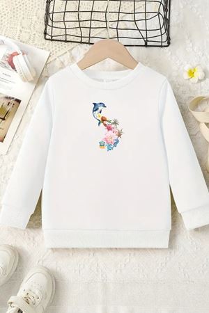 Unisex Beyaz Cocuk Bisiklet Yaka Sweatshirt –Dolphin Dreams,Baskılı Şardonlu Kalın Kumaş
