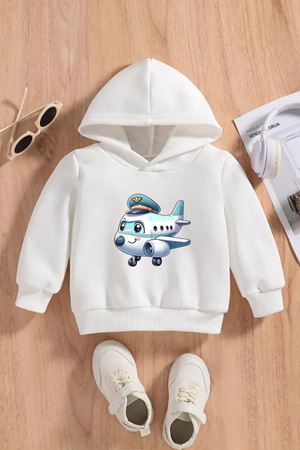 Çocuk Beyaz Kapüşonlu Sweatshirt – UCAK Baskılı, Şardonlu Kalın Kumaş