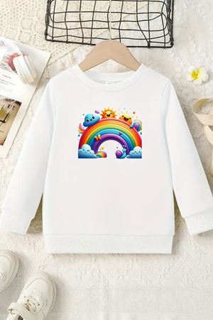 Unisex Beyaz Cocuk Bisiklet Yaka Sweatshirt –Gökkuşağı,Baskılı Şardonlu Kalın Kumaş