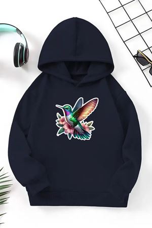 Unisex Lacivert z Cocuk Kapüşonlu Sweatshirt –Renkli Kanatlar,Baskılı Şardonlu Kalın Kumaş