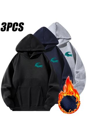3'Lu Kapüşonlu Minimal Timsah Baskılı Sweatshirt Seti-Siyah-Gri-Lacivert, Şardonlu Kalın Kumaş