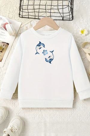 Unisex Beyaz Cocuk Bisiklet Yaka Sweatshirt –İkili yunus,Baskılı Şardonlu Kalın Kumaş