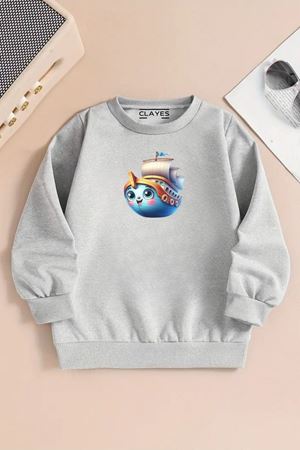 Çocuk Gri Bisiklet Yaka Sweatshirt – GEMİ Baskılı, Şardonlu Kalın Kumaş