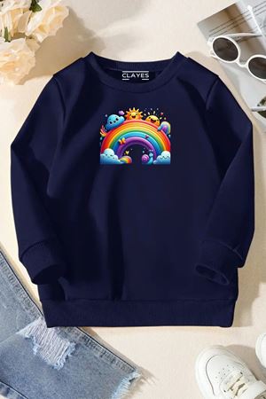 Unisex Lacivert Cocuk Bisiklet Yaka Sweatshirt –Gökkuşağı,Baskılı Şardonlu Kalın Kumaş