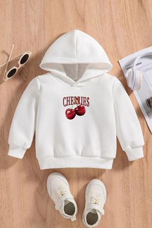Çocuk Beyaz Kapüşonlu Sweatshirt – CHERRIES Baskılı, Şardonlu Kalın Kumaş