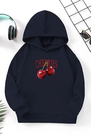 Unisex Lacivert Cocuk Kapüşonlu Sweatshirt –Cherries,Baskılı Şardonlu Kalın Kumaş