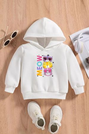 Çocuk Beyaz Kapüşonlu Sweatshirt – Meow Baskılı, Şardonlu Kalın Kumaş