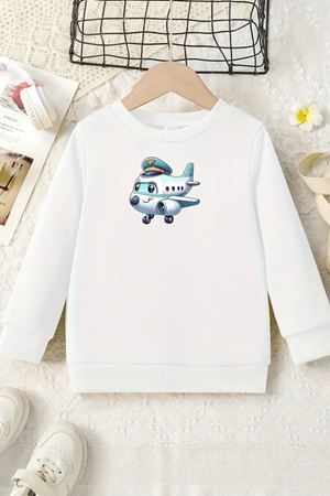 Unisex Beyaz Cocuk Bisiklet Yaka Sweatshirt –Uçak,Baskılı Şardonlu Kalın Kumaş