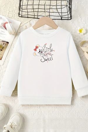 Unisex Beyaz Cocuk Bisiklet Yaka Sweatshirt –Little Sweat,Baskılı Şardonlu Kalın Kumaş