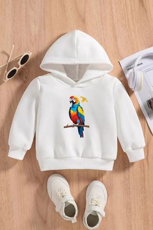 Çocuk Beyaz Kapüşonlu Sweatshirt – PAPAGAN Baskılı, Şardonlu Kalın Kumaş