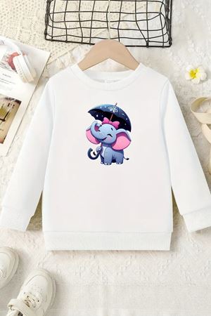 Unisex Beyaz Cocuk Bisiklet Yaka Sweatshirt –FİL,Baskılı Şardonlu Kalın Kumaş