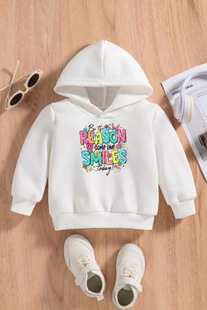 Çocuk Beyaz Kapüşonlu Sweatshirt – REASON SMILE Baskılı, Şardonlu Kalın Kumaş