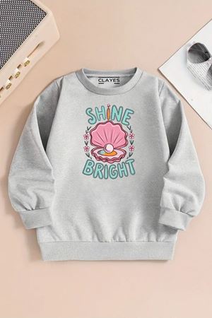 Çocuk Gri Bisiklet Yaka Sweatshirt – SHİNE BRİGHT Baskılı, Şardonlu Kalın Kumaş
