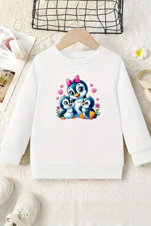 Unisex Beyaz Cocuk Bisiklet Yaka Sweatshirt –Penguen,Baskılı Şardonlu Kalın Kumaş