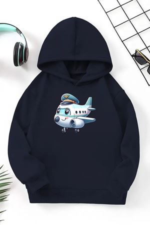 Unisex Lacivert Cocuk Kapüşonlu Sweatshirt –Uçak ,Baskılı Şardonlu Kalın Kumaş