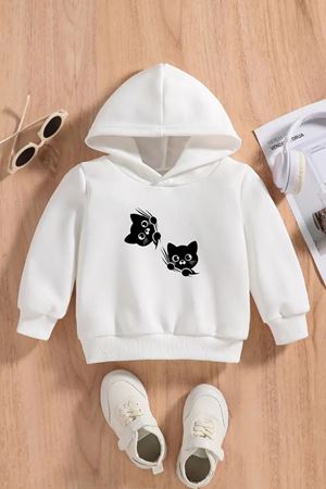 Çocuk Beyaz Kapüşonlu Sweatshirt – SIYAH KEDI Baskılı, Şardonlu Kalın Kumaş