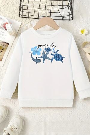 Unisex Beyaz Cocuk Bisiklet Yaka Sweatshirt –Summer Vbs,Baskılı Şardonlu Kalın Kumaş