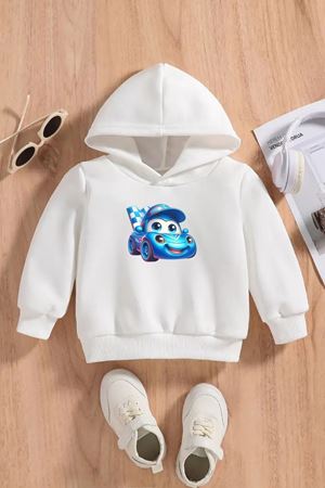 Çocuk Beyaz Kapüşonlu Sweatshirt – YARIS ARABASI Baskılı, Şardonlu Kalın Kumaş