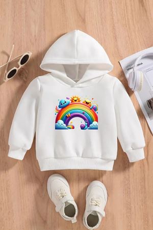 Çocuk Beyaz Kapüşonlu Sweatshirt – GOK KUSAGI Baskılı, Şardonlu Kalın Kumaş