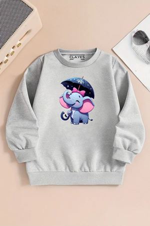 Çocuk Gri Bisiklet Yaka Sweatshirt – FİL Baskılı, Şardonlu Kalın Kumaş