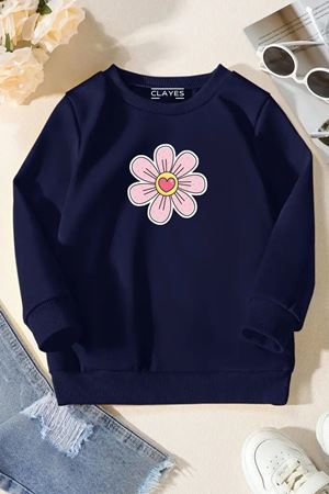 Unisex Lacivert Cocuk Bisiklet Yaka Sweatshirt –Papatya,Baskılı Şardonlu Kalın Kumaş