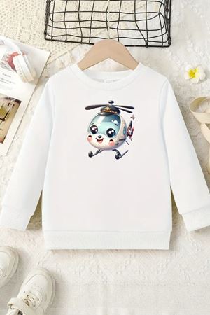 Unisex Beyaz Cocuk Bisiklet Yaka Sweatshirt –Helikopter,Baskılı Şardonlu Kalın Kumaş