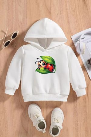 Çocuk Beyaz Kapüşonlu Sweatshirt – ATES BOCEGI Baskılı, Şardonlu Kalın Kumaş