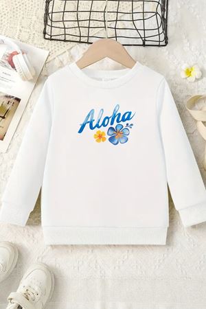 Unisex Beyaz Cocuk Bisiklet Yaka Sweatshirt –Aloha,Baskılı Şardonlu Kalın Kumaş